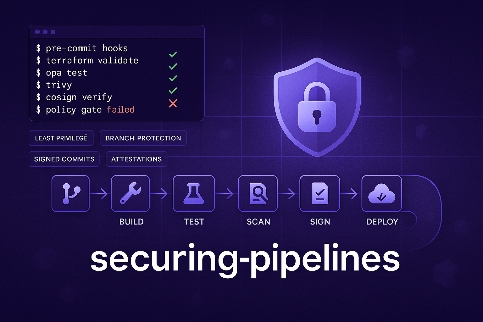 A diagram showing security gates in a CI/CD pipeline
